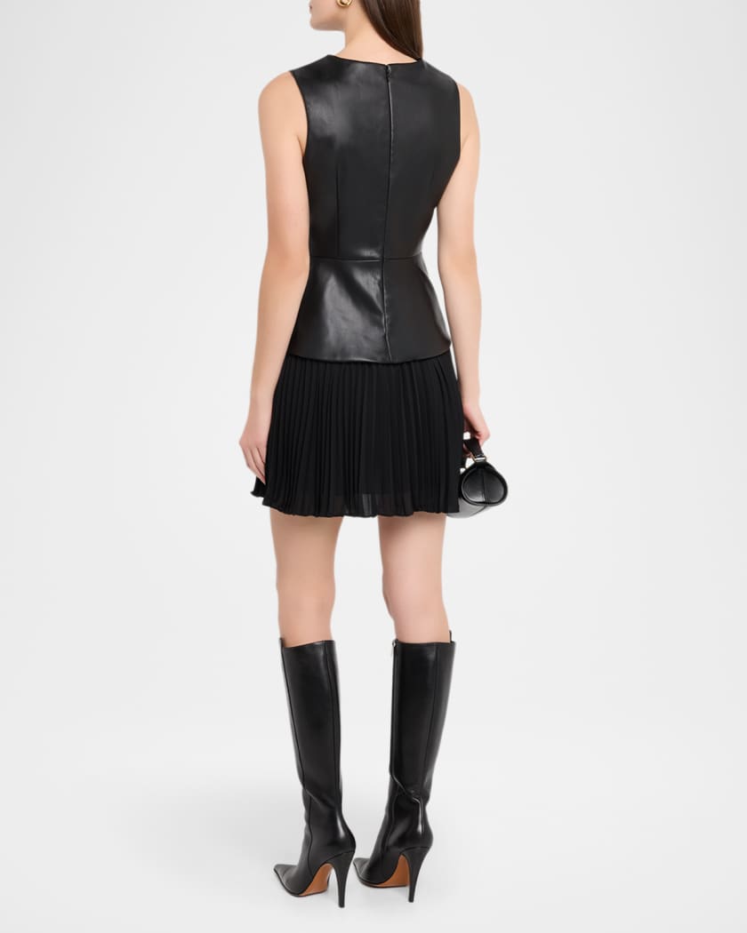 Haddy Faux Leather & Pleated Chiffon Mini Dress