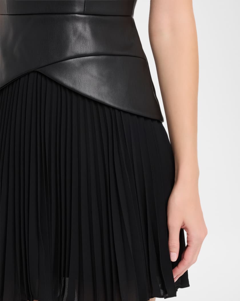 Haddy Faux Leather & Pleated Chiffon Mini Dress