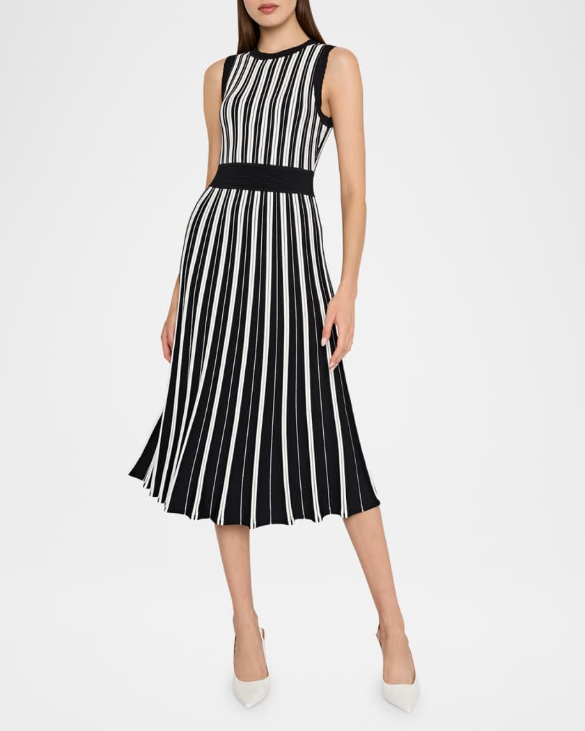 Pleated Striped Knit Midi Dress