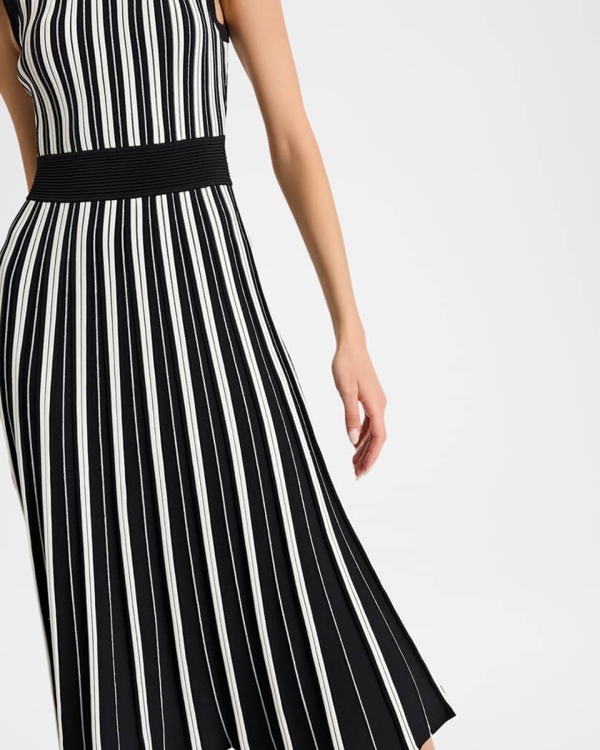 Pleated Striped Knit Midi Dress