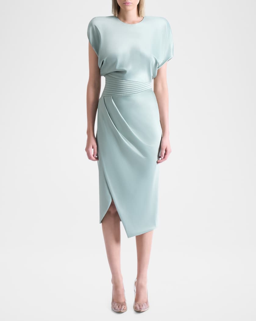 Bond Draped Stretch Satin Midi Sheath Dress