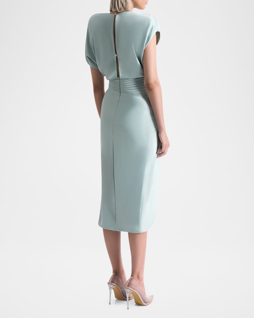 Bond Draped Stretch Satin Midi Sheath Dress