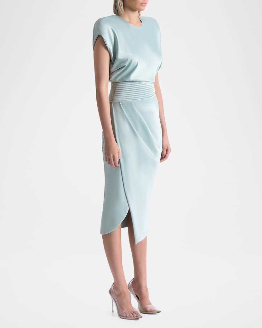 Bond Draped Stretch Satin Midi Sheath Dress