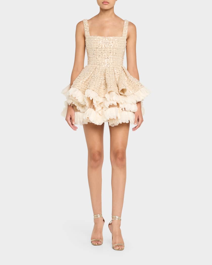 Catalina Beaded Fit-&-Flare Ruffle Mini Dress