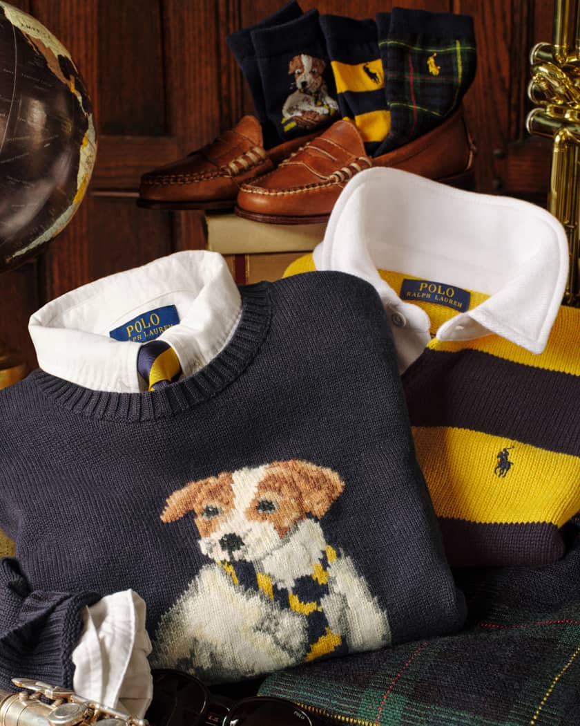 Boy's Dog Intarsia Knit Cotton Crewneck Sweater