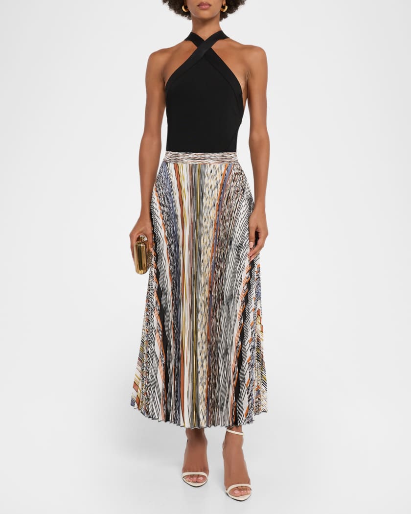 Striped Pleated Knit Midi Skirt