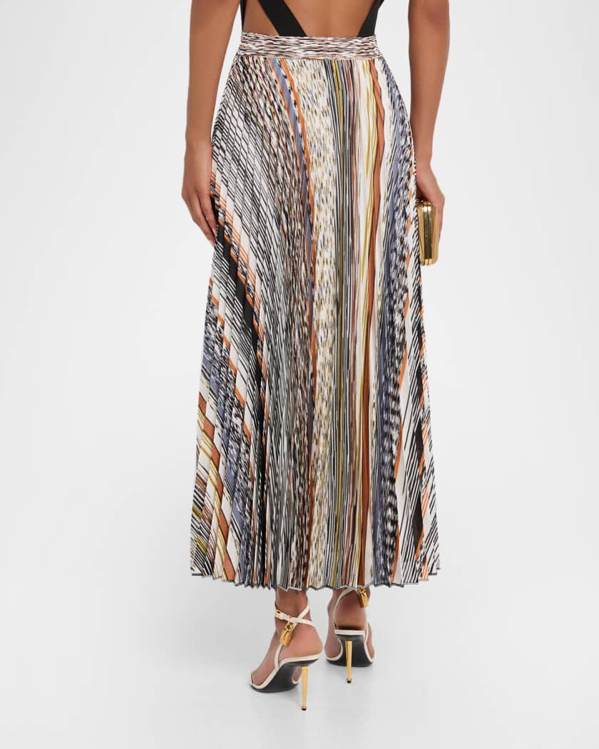 Striped Pleated Knit Midi Skirt