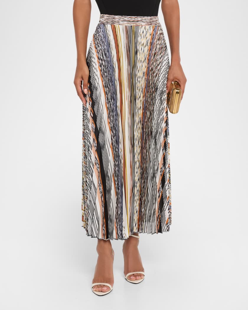 Striped Pleated Knit Midi Skirt