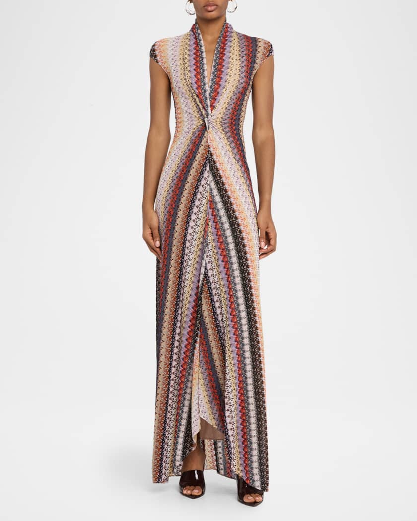 Metallic Striped Cap-Sleeve Twisted Maxi Dress