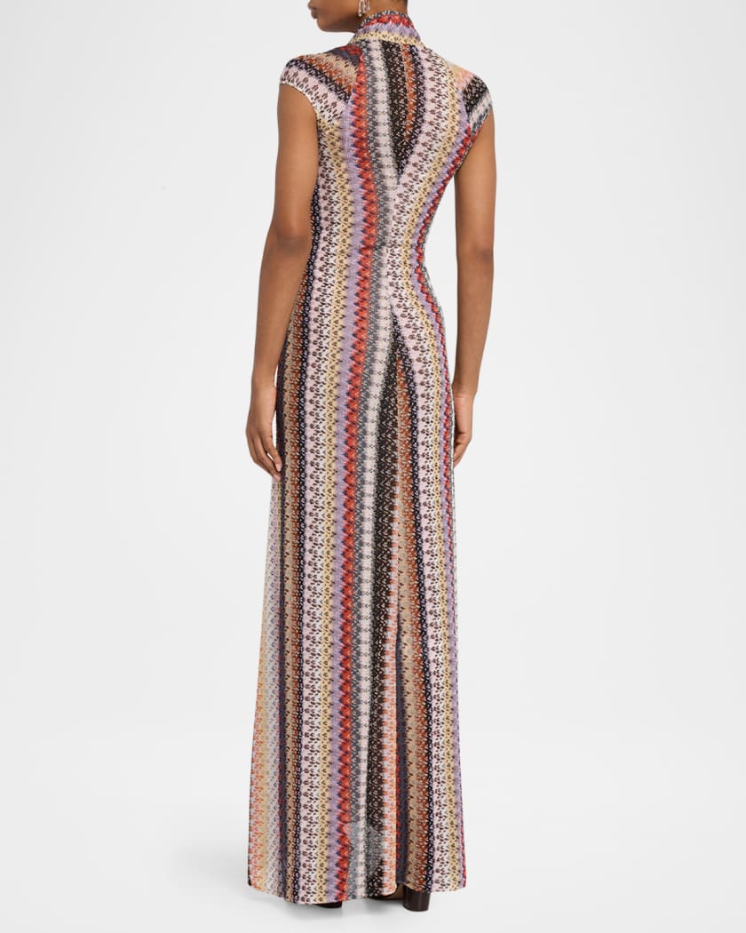 Metallic Striped Cap-Sleeve Twisted Maxi Dress