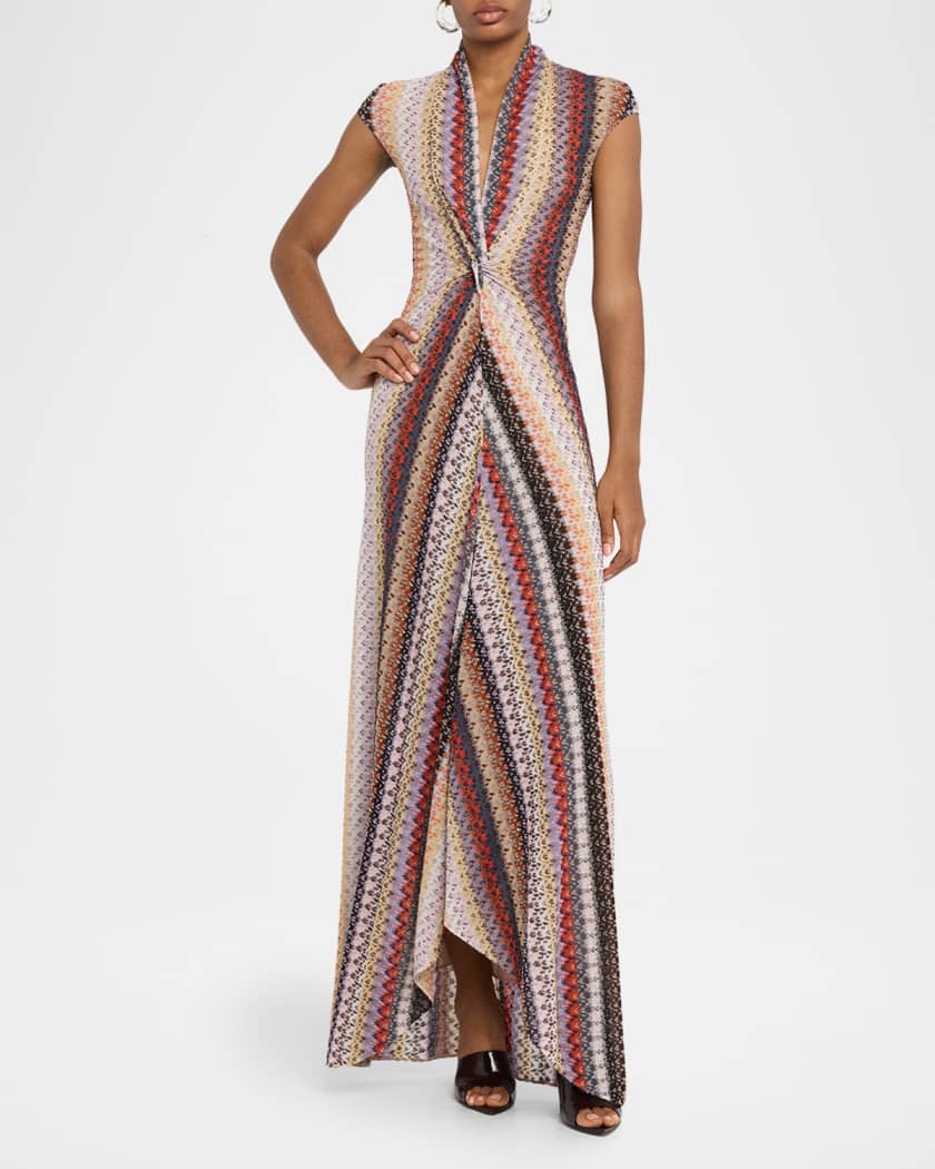 Metallic Striped Cap-Sleeve Twisted Maxi Dress