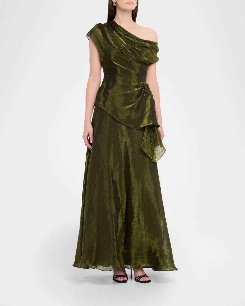 Avalina Draped Organza Lame Peplum Gown