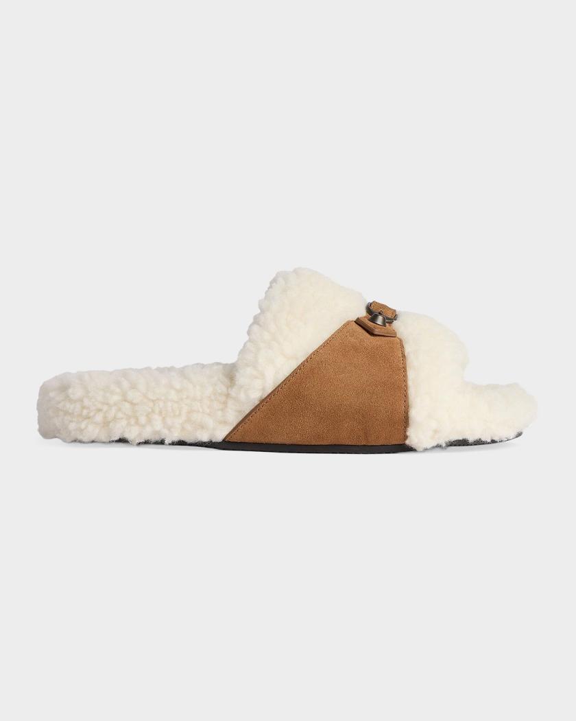 Balenciaga Furry Faux-Fur Leather Slides | Neiman Marcus