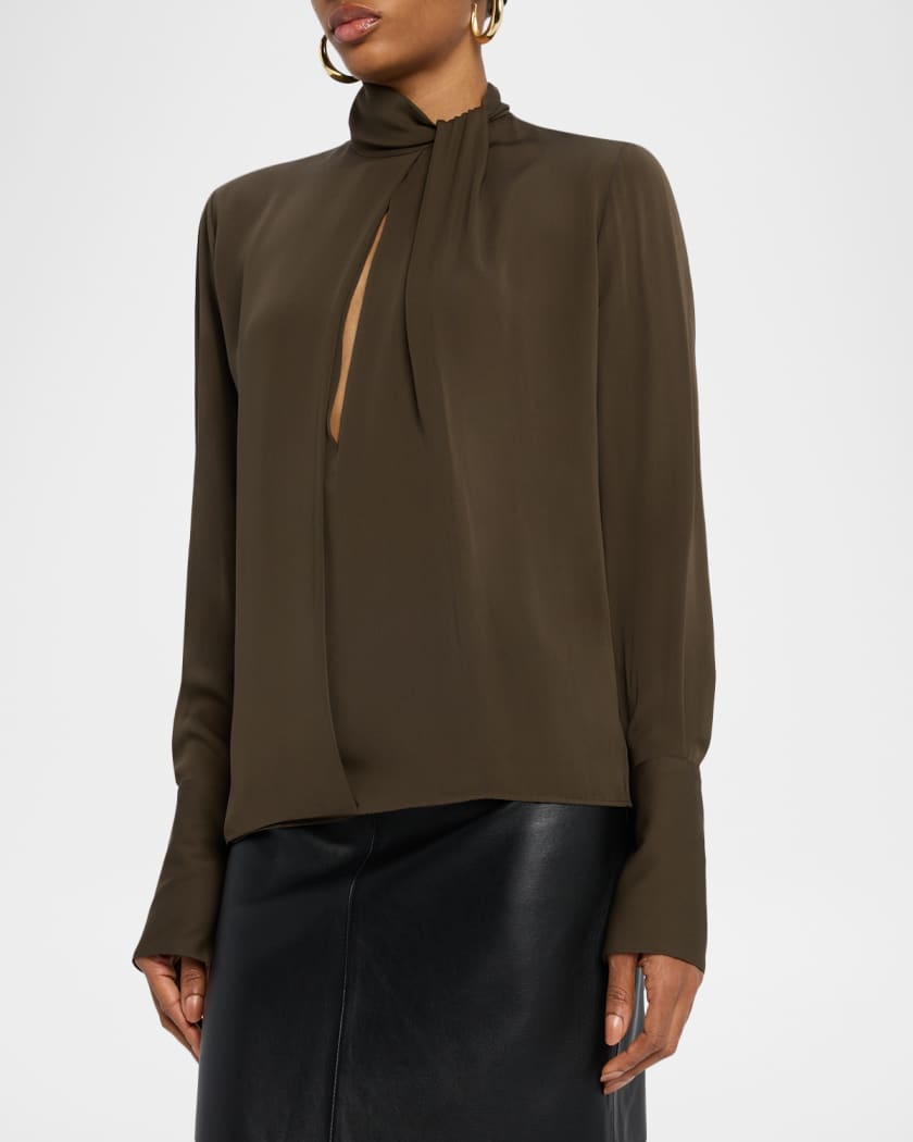 Twisted-Neck Silk Long-Sleeve Shirt