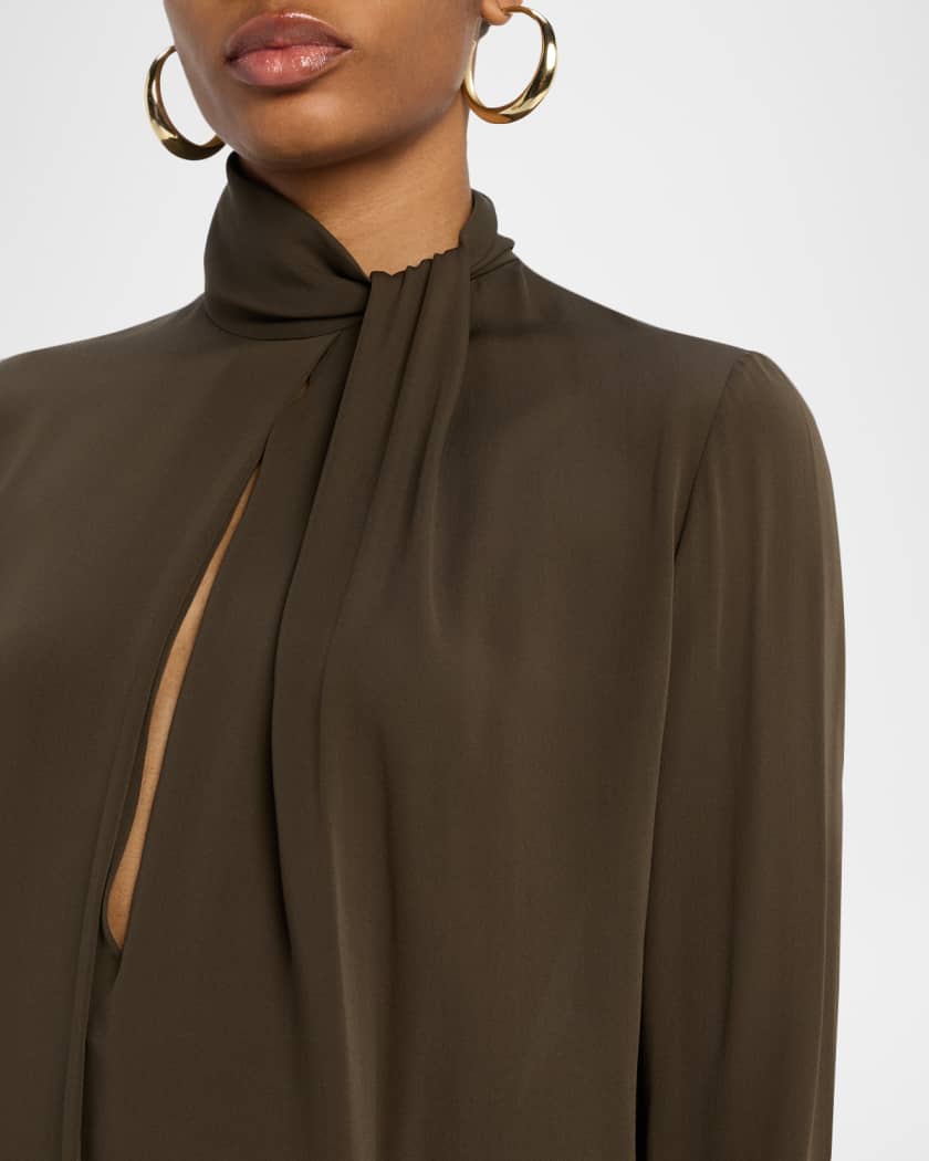 Twisted-Neck Silk Long-Sleeve Shirt