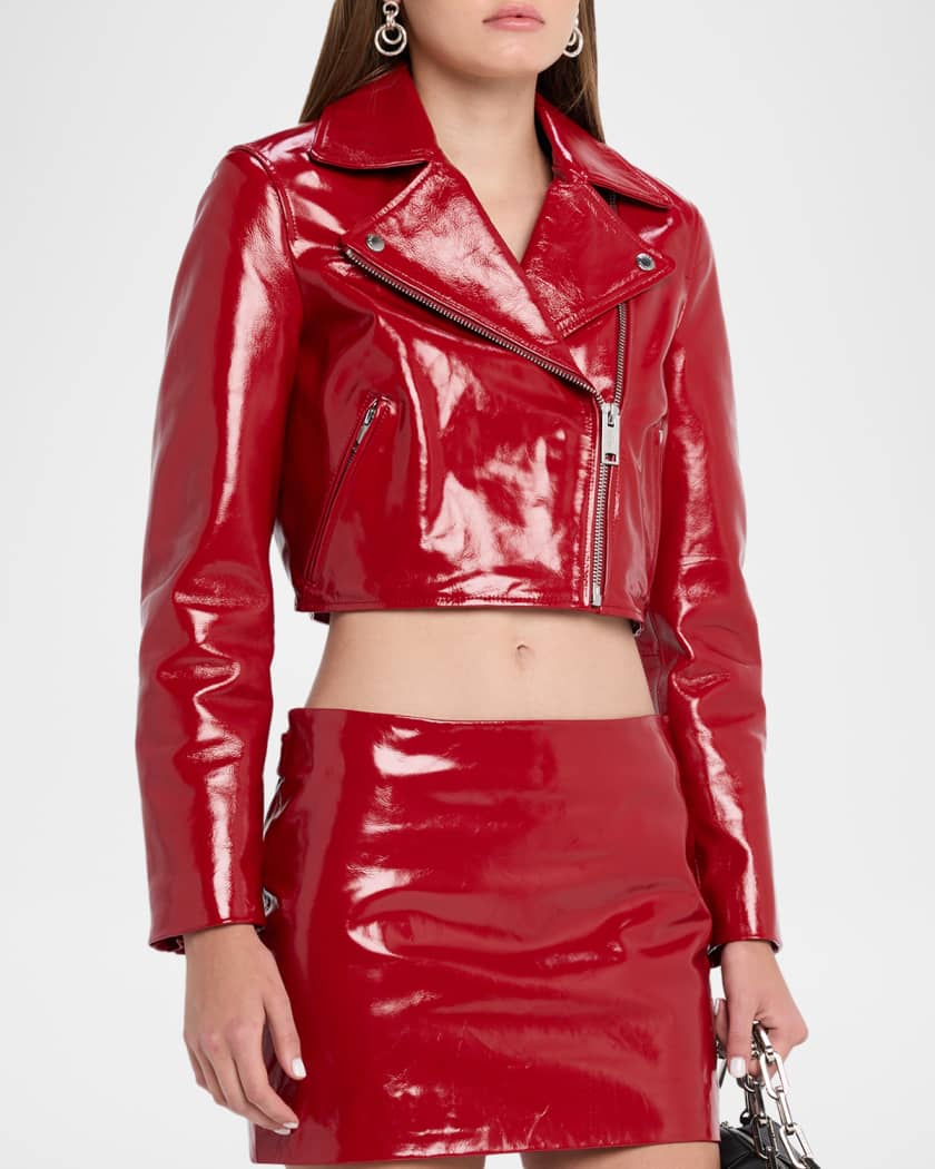 Moschino Jeans Cropped Patent Leather Moto Jacket | Neiman Marcus