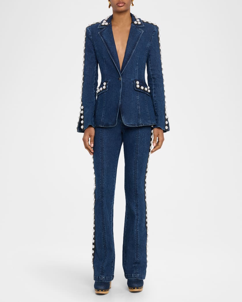 Cinq a Sept Pearl-Embellished Slim Flare Jeans | Neiman Marcus