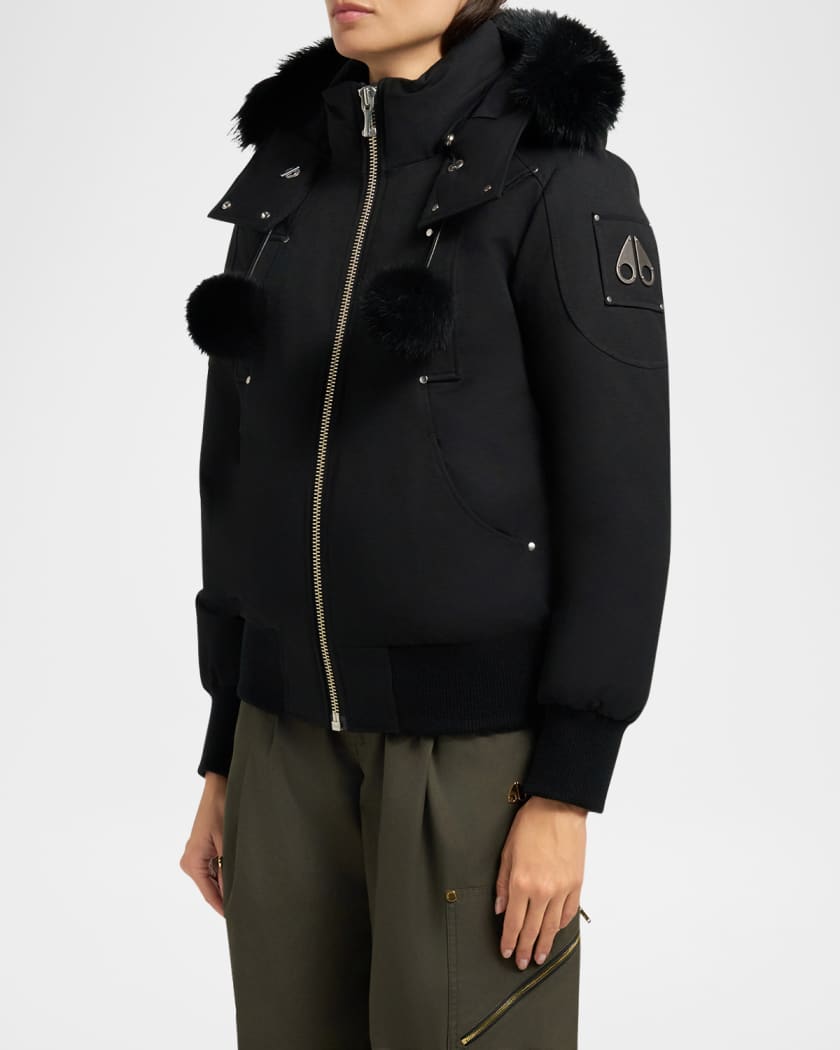 Debbie Bomber Jacket with Detachable Hood, Shearling Trim, & Pom Poms