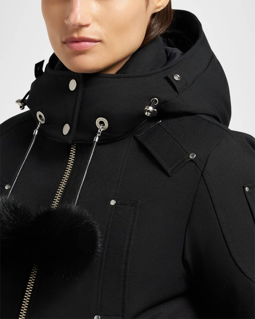 Debbie Bomber Jacket with Detachable Hood, Shearling Trim, & Pom Poms