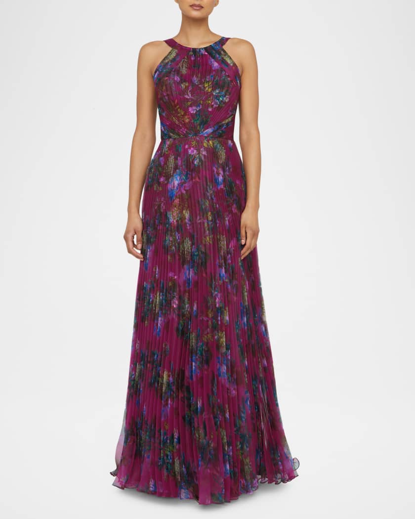 Naveen Pleated Floral-Print Organza Gown
