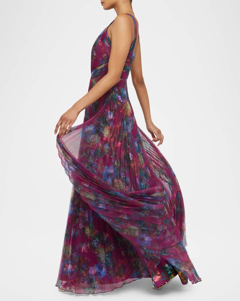 Naveen Pleated Floral-Print Organza Gown