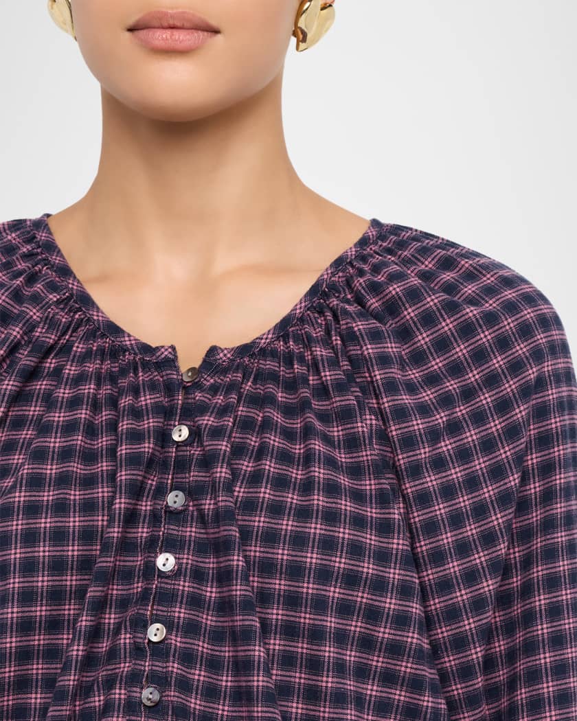 Rails Indi Check Long-Sleeve Babydoll Blouse | Neiman Marcus