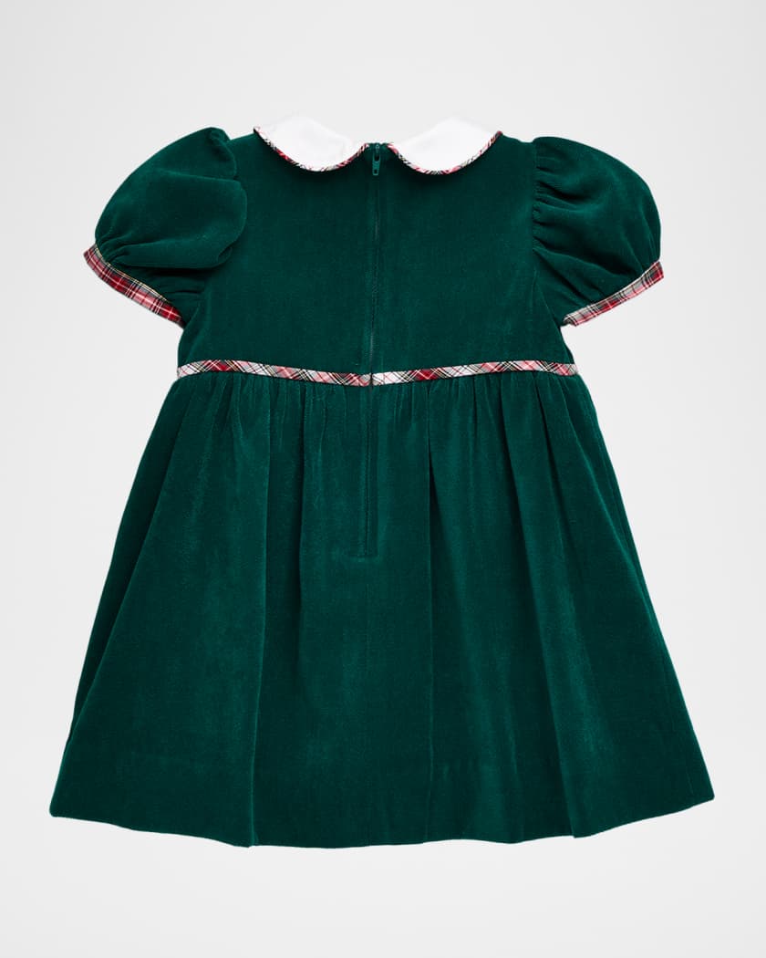 Girl's Velvet Waist Dress with Plaid Bows, Size 2T-6