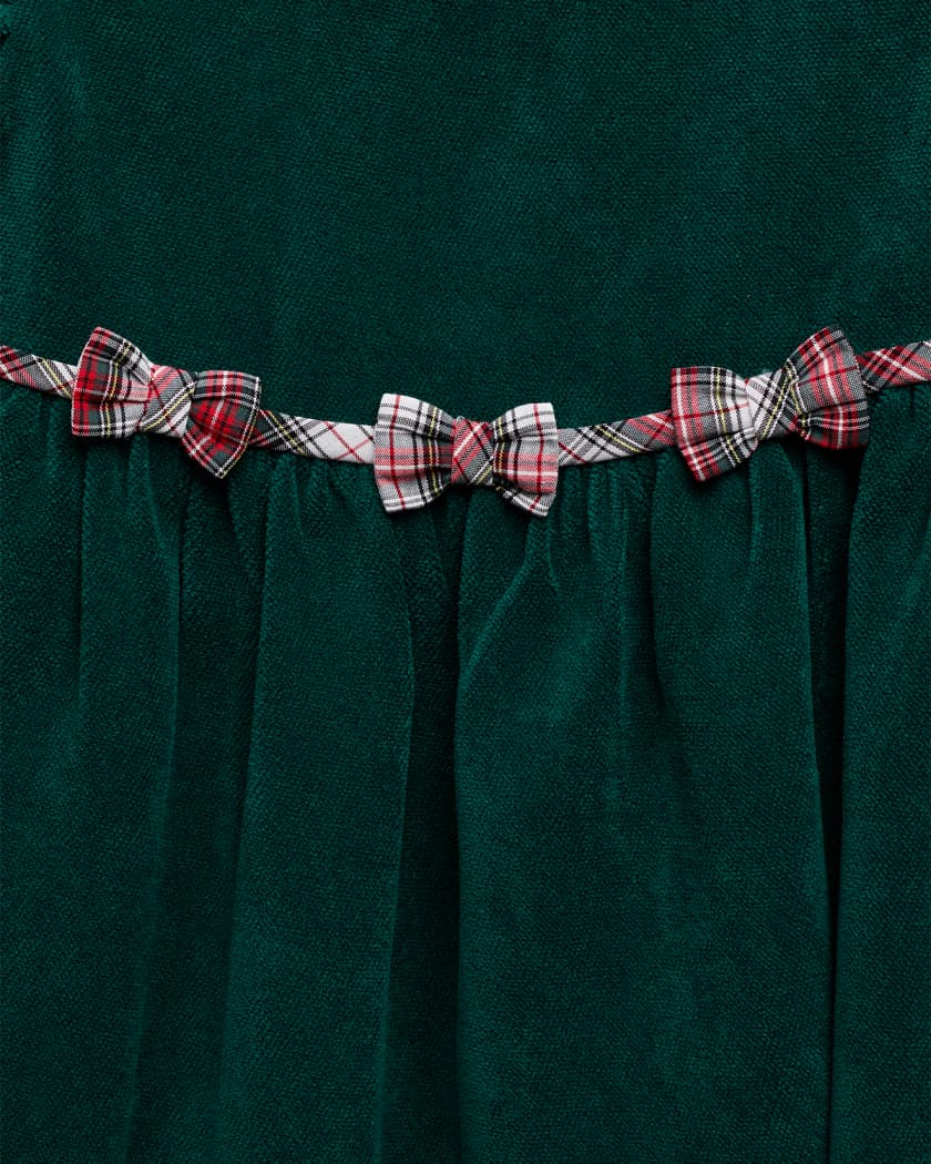 Girl's Velvet Waist Dress with Plaid Bows, Size 2T-6