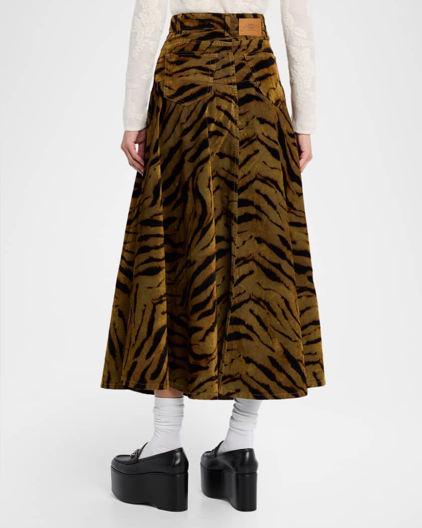GANNI　Print Denim A-line Skirt Ganni Tiger-Print Denim maxi Skirt | Neiman Marcus