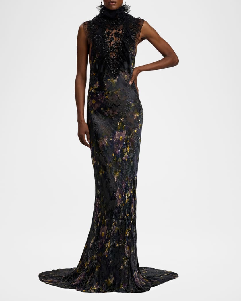 Ellen Beaded Mock-Neck Velvet Backless Trumpet Gown