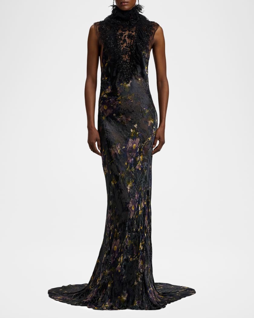 Ellen Beaded Mock-Neck Velvet Backless Trumpet Gown