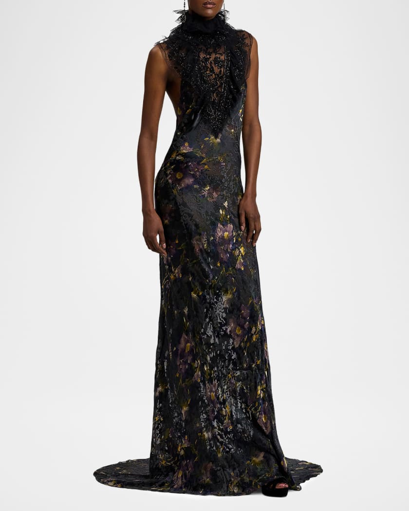 Ellen Beaded Mock-Neck Velvet Backless Trumpet Gown