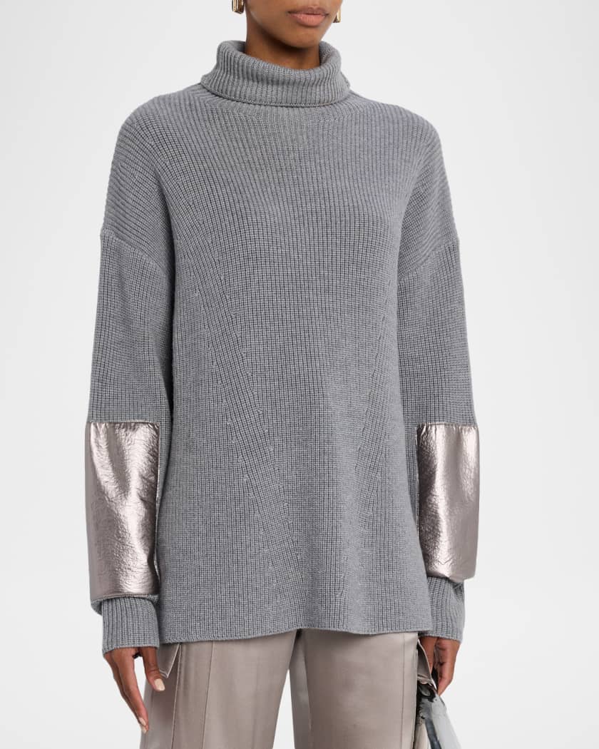 LAPOINTE Metallic Leather-Patch Merino Wool Turtleneck Sweater