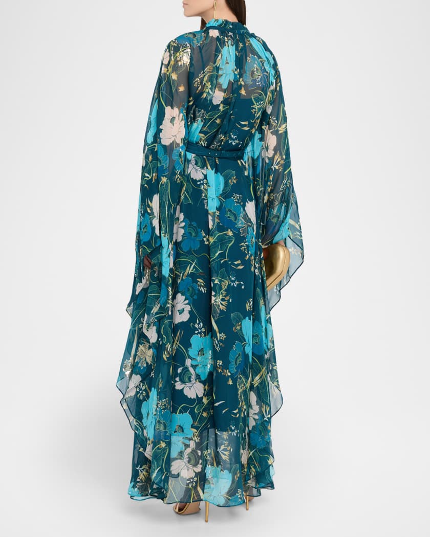 Alicia Metallic Floral Chiffon Batwing-Sleeve Maxi Dress