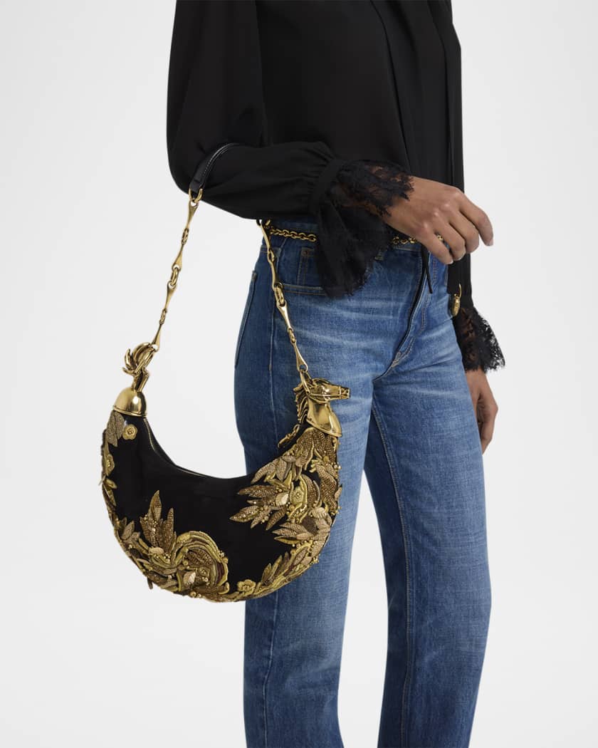 Chain Horse Bead-Embroidered Shoulder Bag in Suede