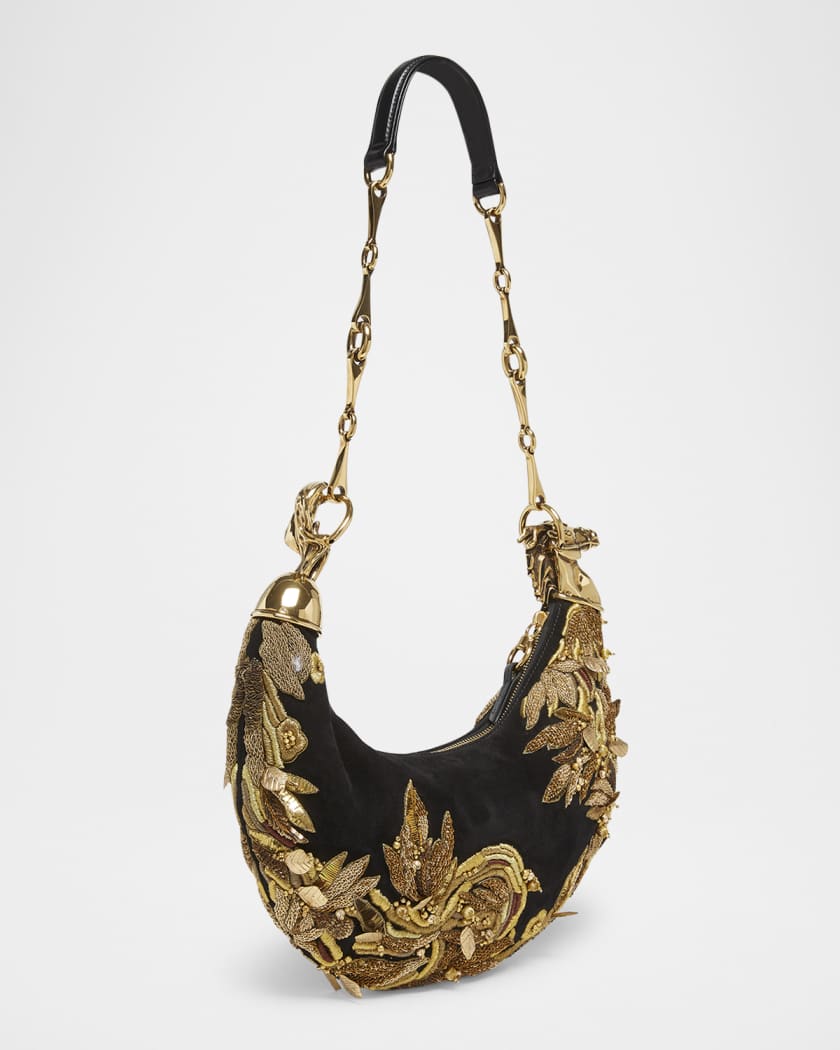 Chain Horse Bead-Embroidered Shoulder Bag in Suede
