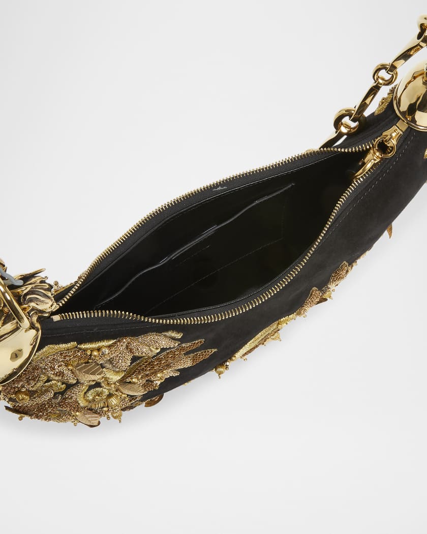 Chain Horse Bead-Embroidered Shoulder Bag in Suede