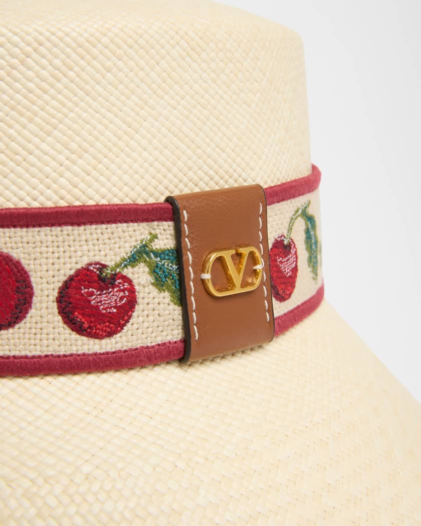 Valentino Garavani Cherry Embroidered Straw Bucket Hat | Neiman Marcus