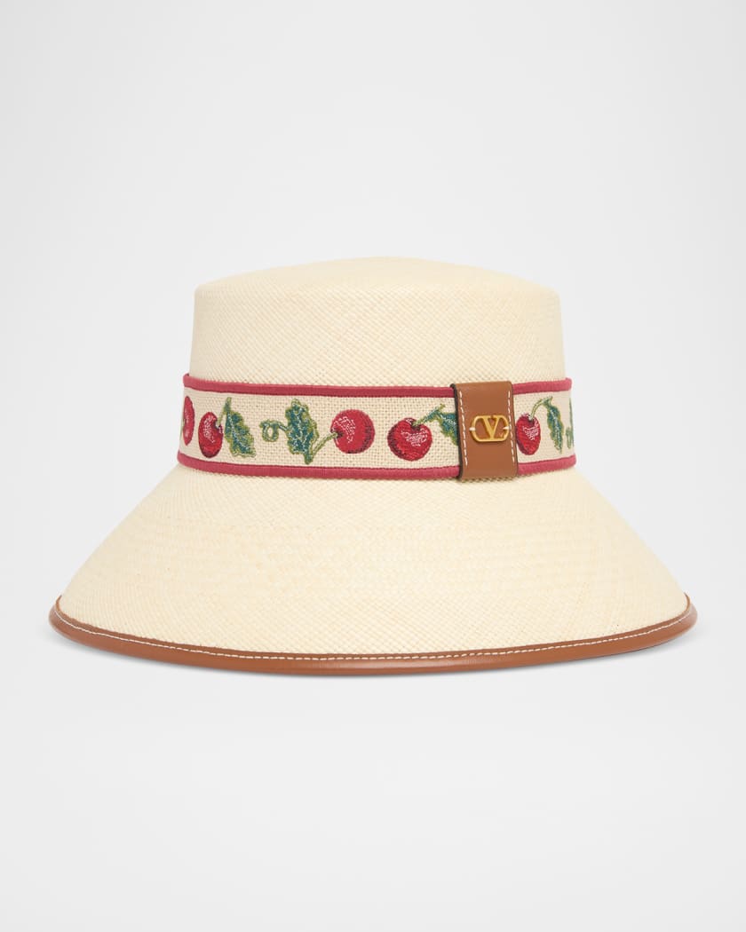 Valentino Garavani Cherry Embroidered Straw Bucket Hat | Neiman Marcus