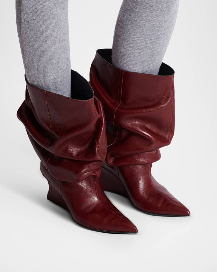 Draped Leather Wedge Ankle Boots