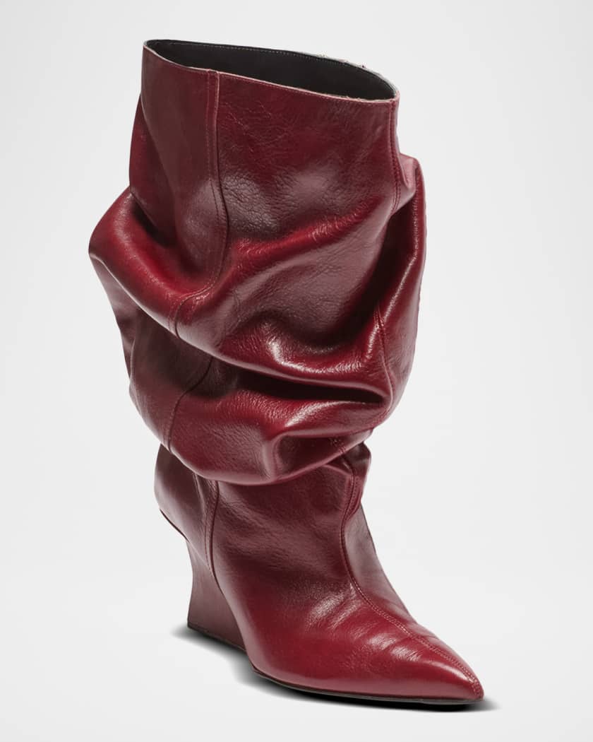 Draped Leather Wedge Ankle Boots