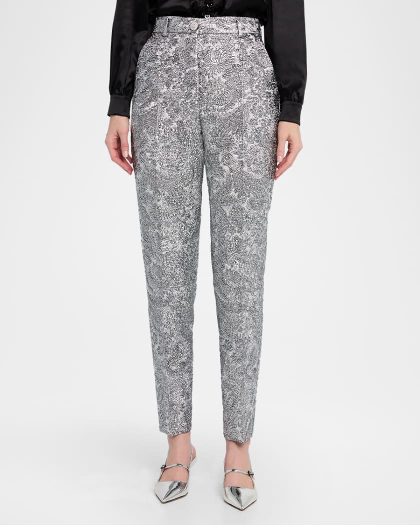Dolce&Gabbana Metallic Floral Puff Brocade Slim-Leg Ankle Pants