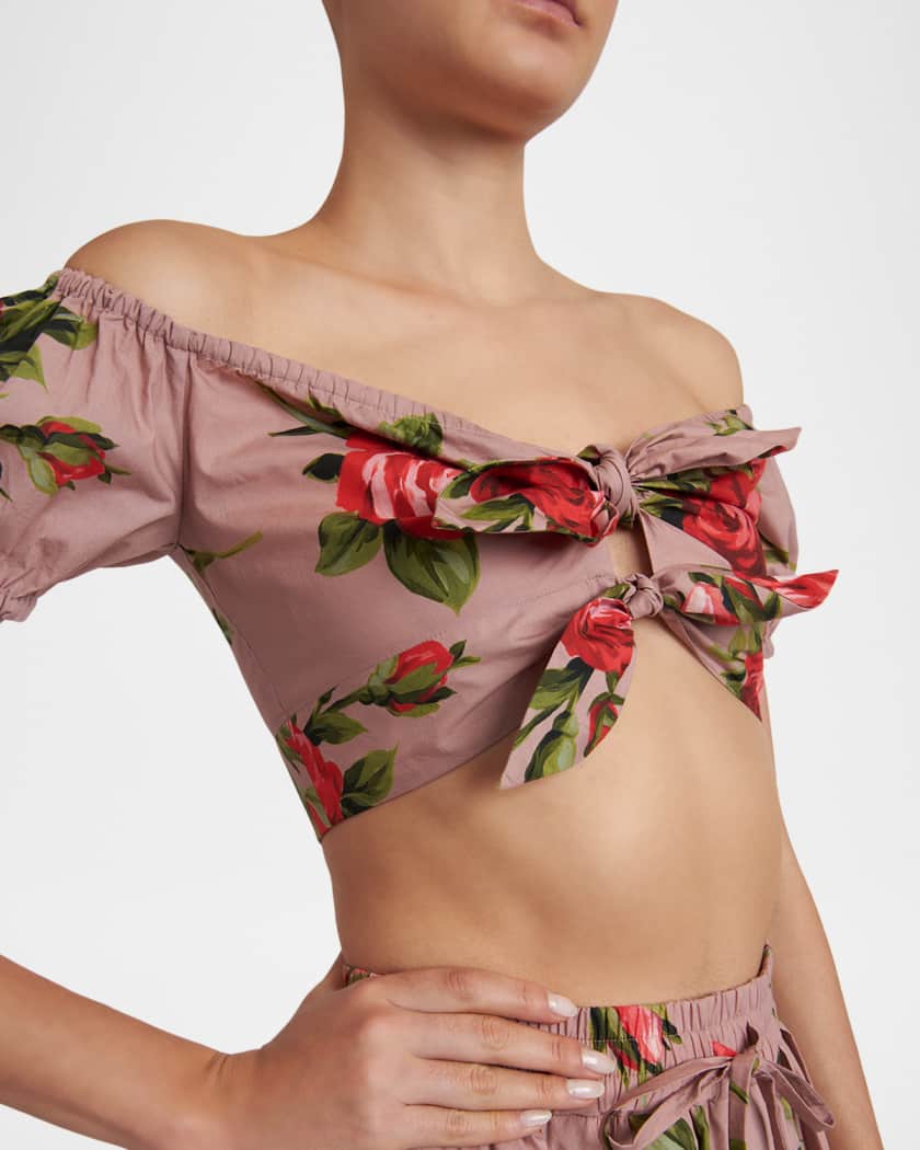 Dolce&Gabbana Off-the-Shoulder Floral Cotton Crop Top | Neiman Marcus