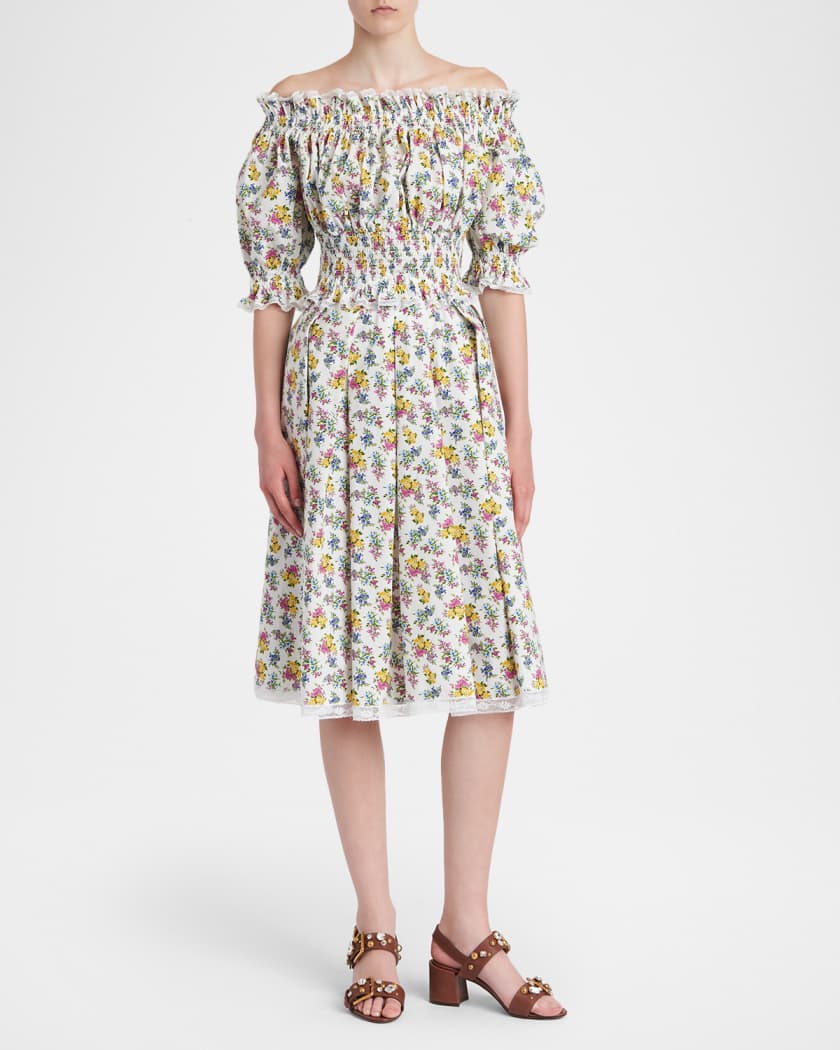 Dolce&Gabbana Off-Shoulder Smocked Floral Cotton Crop Top | Neiman