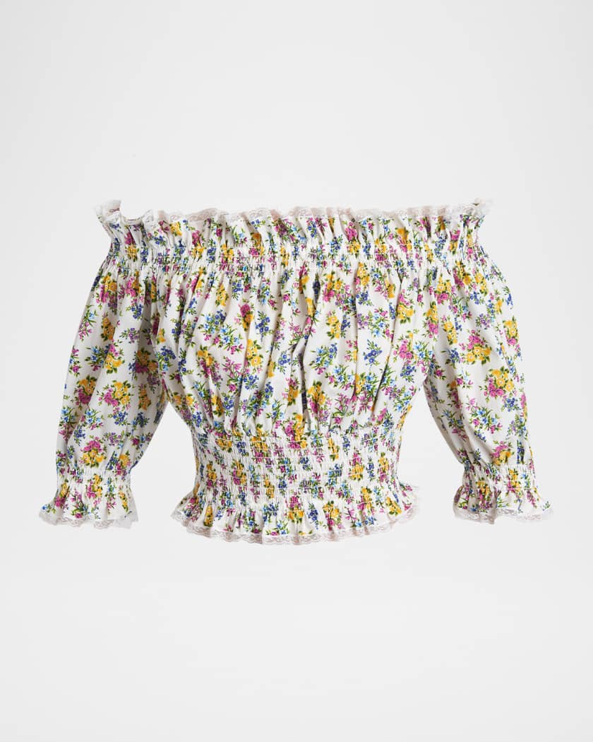 Dolce&Gabbana Off-Shoulder Smocked Floral Cotton Crop Top | Neiman