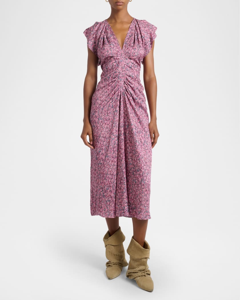 Lyndsay Floral Satin Flutter-Sleeve Midi Dress | Neiman Marcus