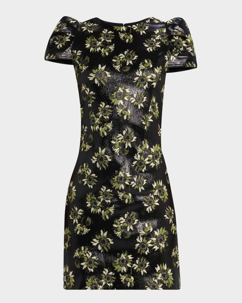 McQueen Lacquered Sunflower Jacquard Puff-Sleeve Mini Dress