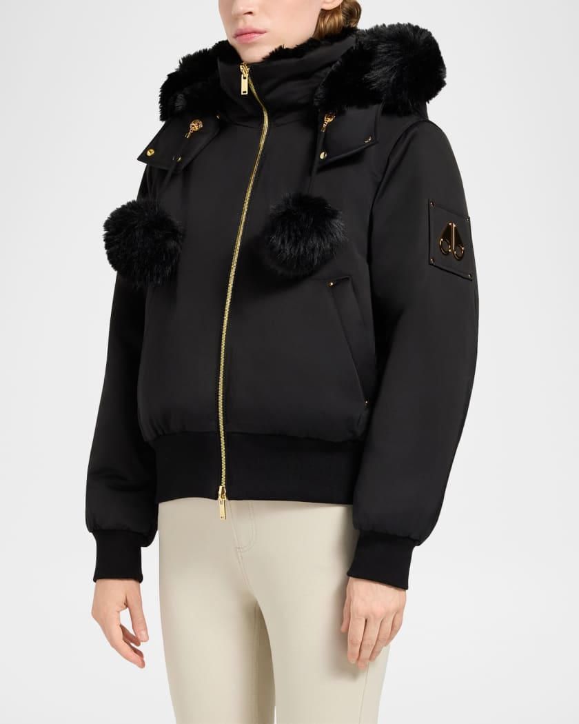 Debbie Satin Bomber Jacket with Removable Hood & Pom Poms