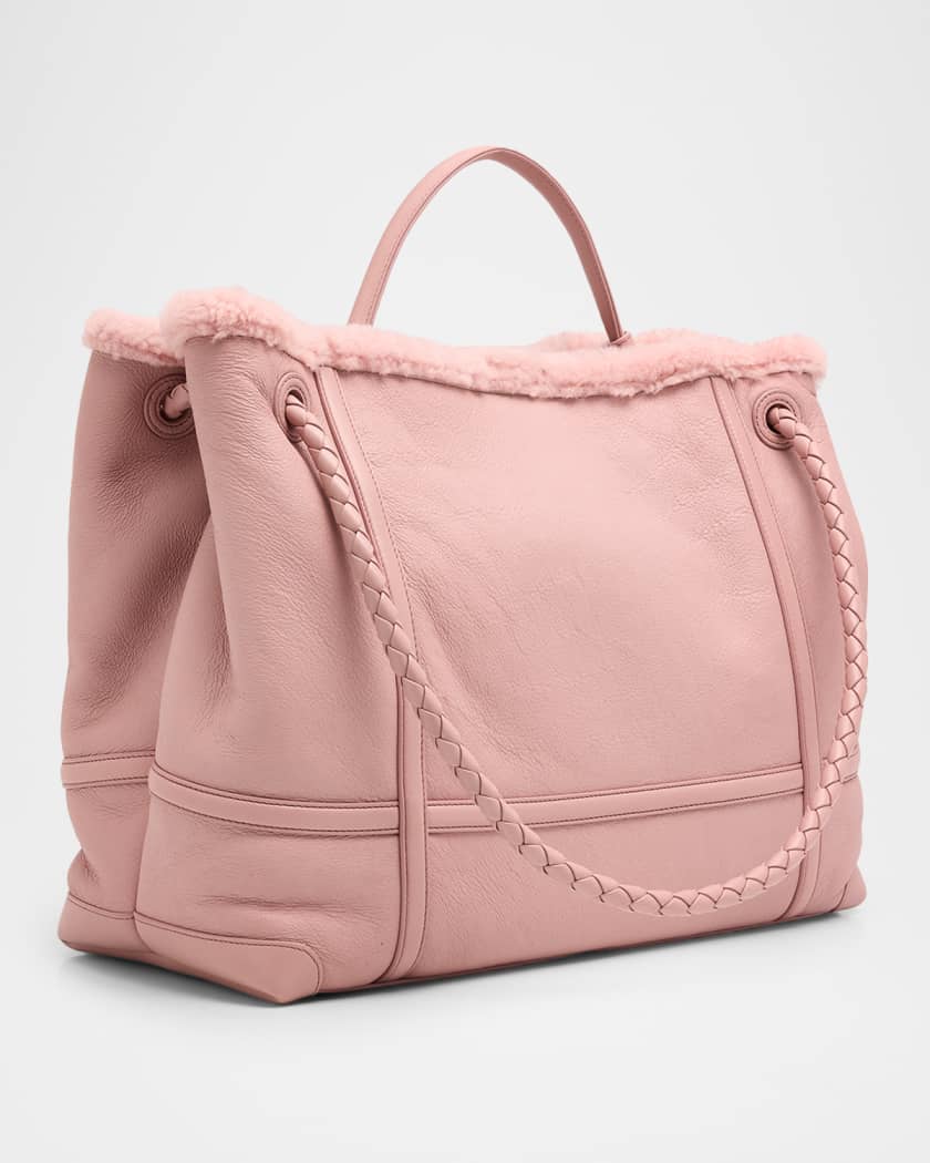 Andiamo Shearling-Trim Leather Top-Handle Bag