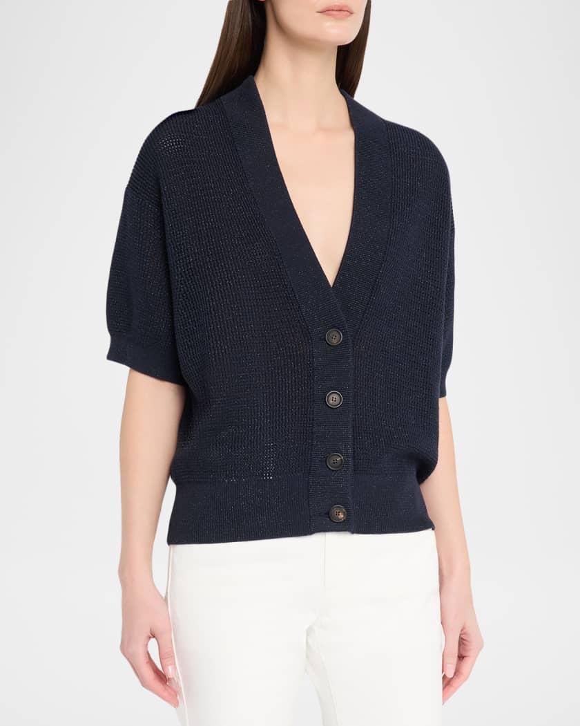 Brunello Cucinelli Shimmering Diamond Knit Short-Sleeve Cardigan